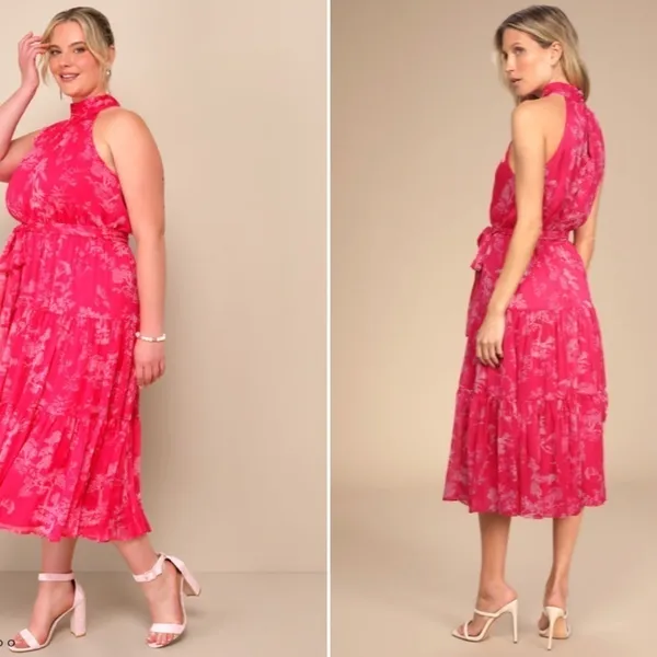 LULU's Floral Sexy Flowy Chic Halter Neck Modern Hot Pink Midi Dress NWOT - Image 4