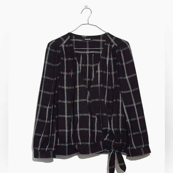 Madewell Viscose Wrap Side Tie Cropped Top in Black & White Windowpane Size XXS‎ - Image 2