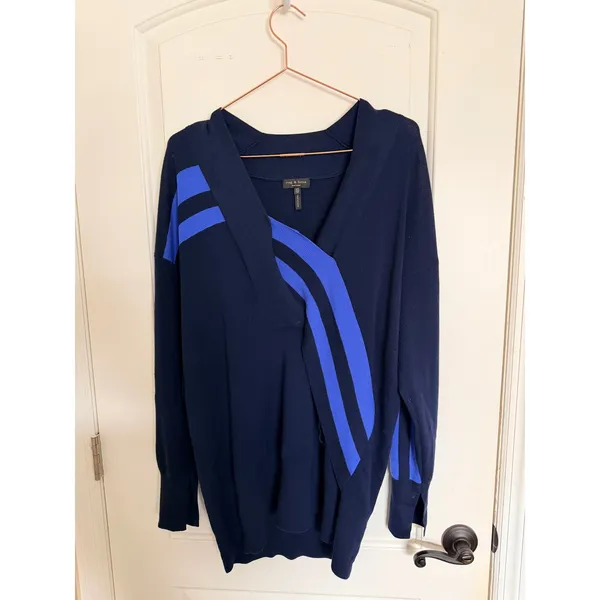 Rag & Bone Sweater Womens Cecile XS Navy Blue Graphic Stripe V-Neck‎ Pullover - Image 7