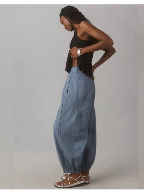 NWT Anthropologie L Washed Linen Blend Jogger Pants Eyelet Blue Drawstring - Image 3