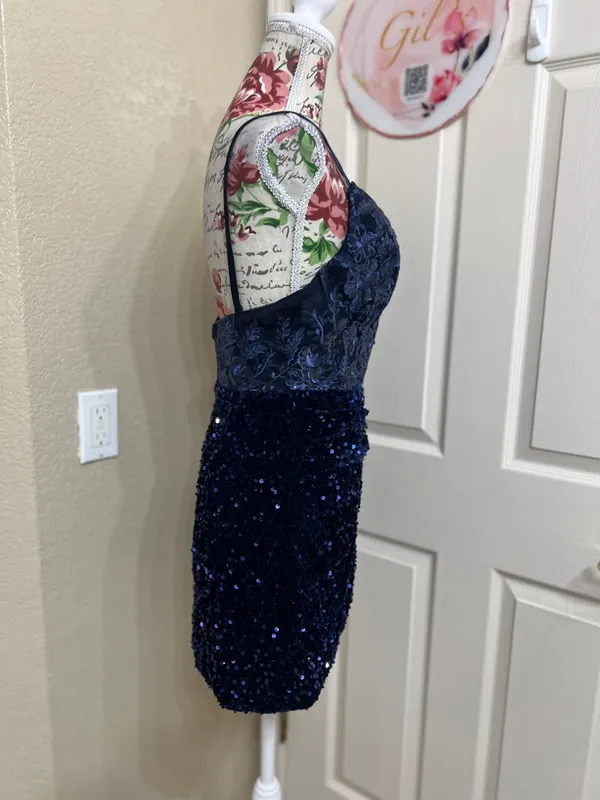 Navy Lace & Sequin Mini Dress with Spaghetti Straps size 12 - Image 3