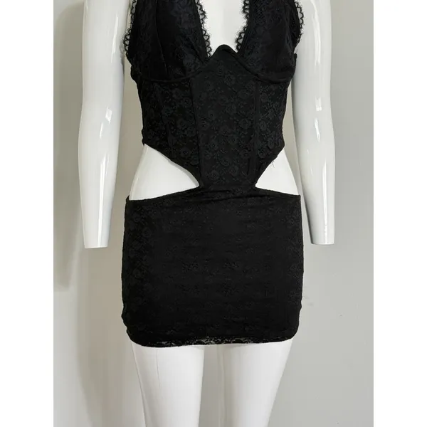 Windsor Gothic Lace Halter Mini Dress Women’s Black Cutout Whimsigoth Size M - Image 4
