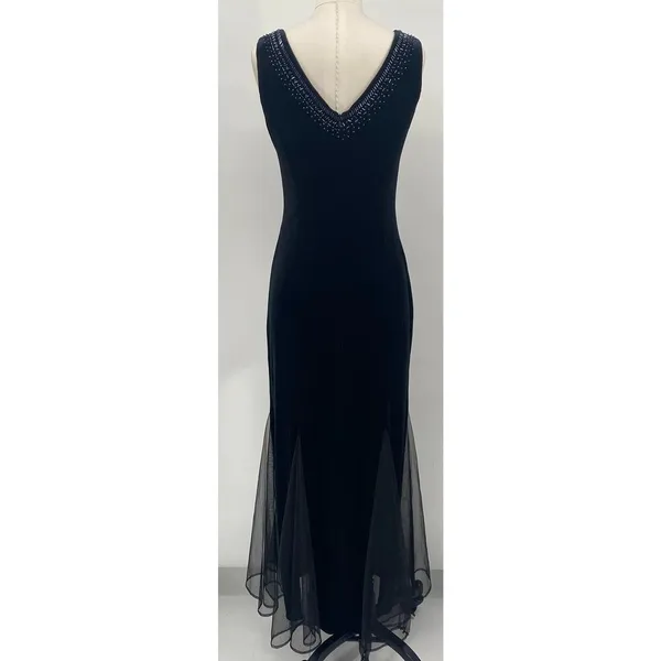 Vintage Y2k Velvet Gown Sleeveless Beaded Bateau Neck Mesh Godets Black Womens 4 - Image 7