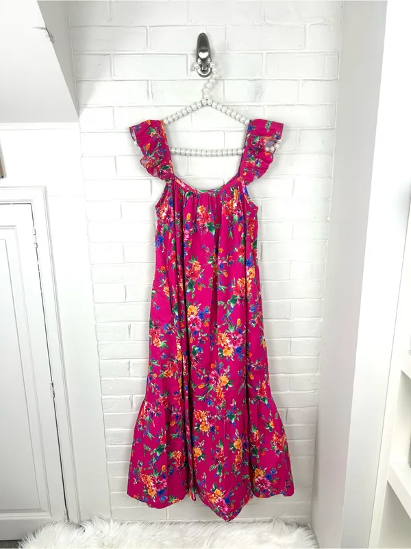 Petite Plume Pink Floral Casual Cotton Midi Dress Size M - Image 2