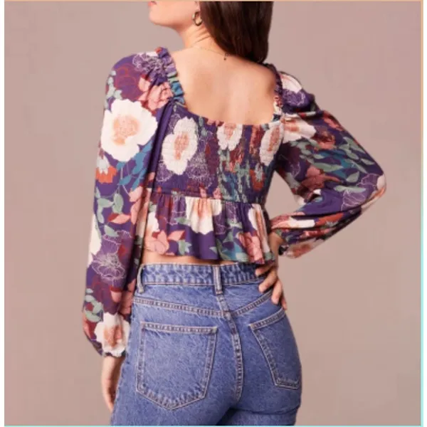 Band of the Free Floriane Boho Girly Floral Long Sleeve Crop Blouse Purple M - Image 6