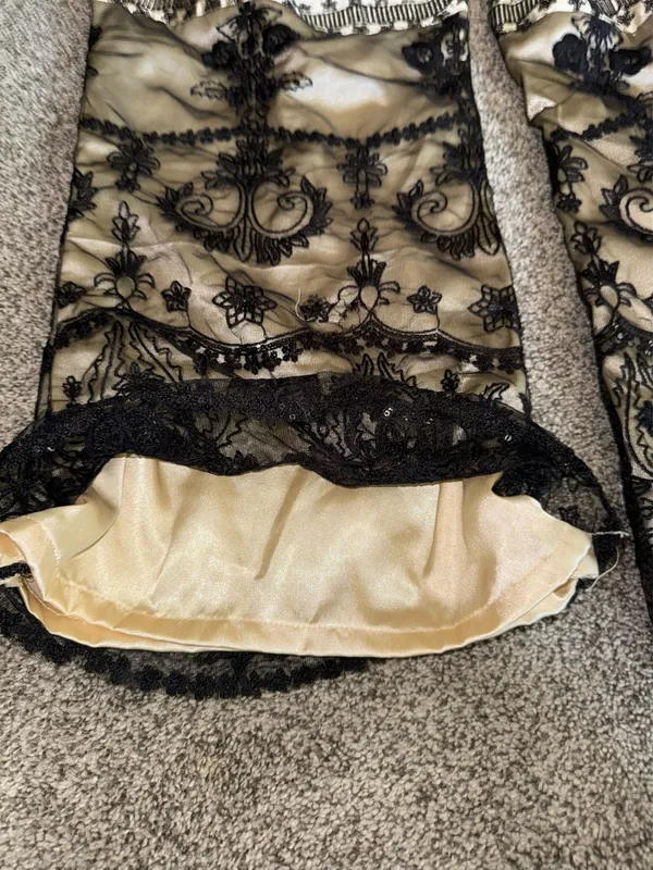 Women's Cream and Black Floral Embroidered Lace Overlay Wide Leg Satin Trousers - Image 6