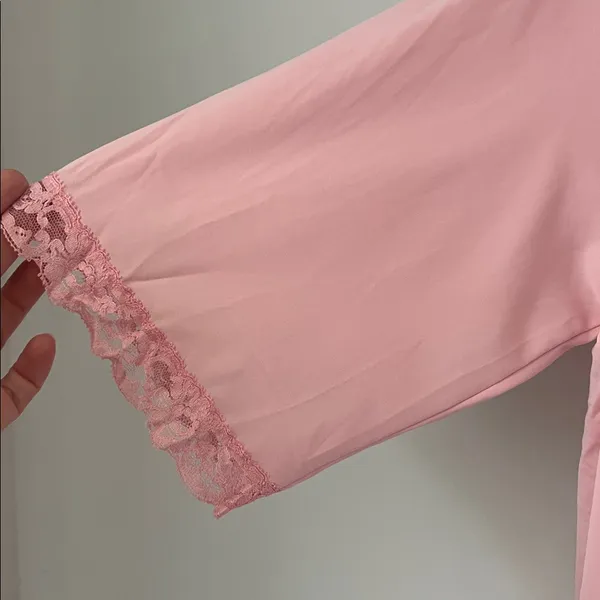 Vtg Shadowline Blush Pink Housecoat Robe • Lace Floral • Size M • Retro Chic - Image 4