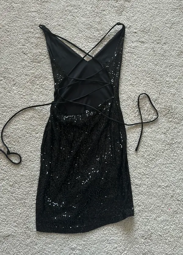 Black Sequin Homecoming Dress Korset Size M - Image 5