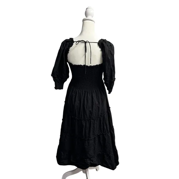 Hill House Nesli Nap Dress Short Puff Sleeve Swiss Dot Tiered Midi Black Small S - Image 6