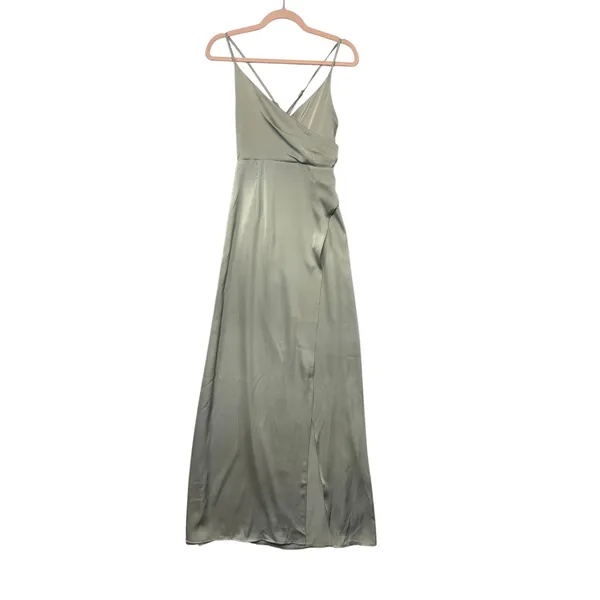 The Clothing Company Sage Green Satin Maxi Dress High Slit Formal Small NWT - Image 2