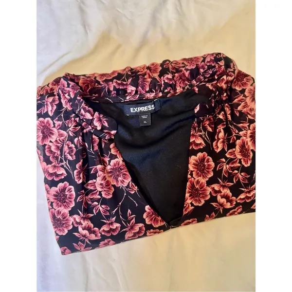 EXPRESS XL Black Mini Dress Black Rose Pink Floral Print Chiffon Flowy Flirty - Image 14