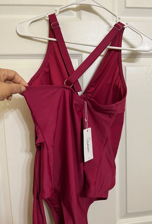 Glowbeam Burgundy Side Tie Plunge Neckline One Piece Swimsuit - Image 5