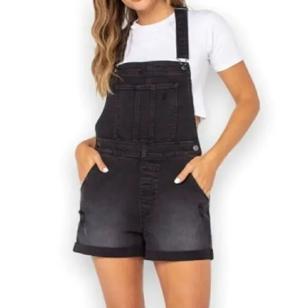 Black Distressed Juniors Short Overalls - Image 4