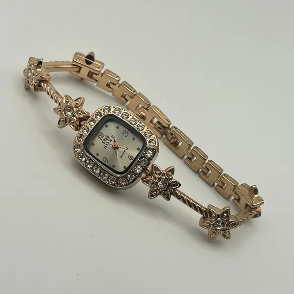 Soxy Rose Gold Square Dial Crystals on Bezel Floral Accents Women Fashion Watch - Image 4
