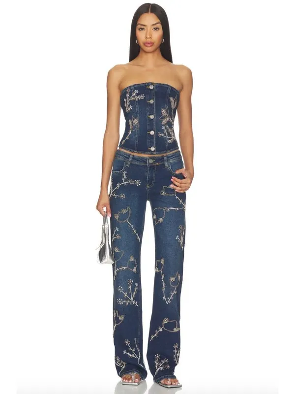 OW Collection Nova Embellished Denim Matching Set Blue Womens Size 36 Small - Image 8