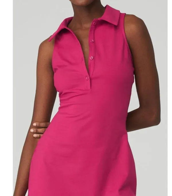 Alo Charmed Tennis Dress Magenta Crush Button-Up V-Neck Sleeveless Henley Mini L - Image 3