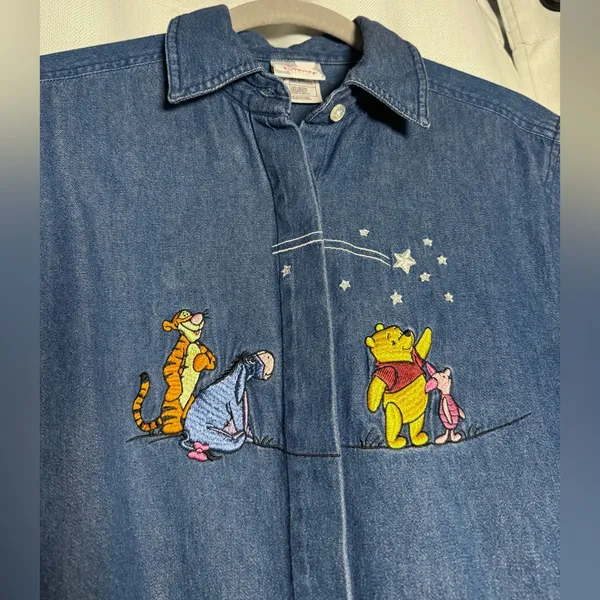 Vintage Disney Winnie The Pooh & Friends Denim Button Up Long Sleeve Shirt Small - Image 4