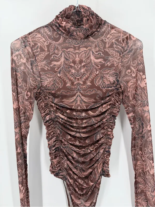 Free People Under It All Sheer Long Sleeve Mock neck Ruched Printed Bodysuit - Image 6