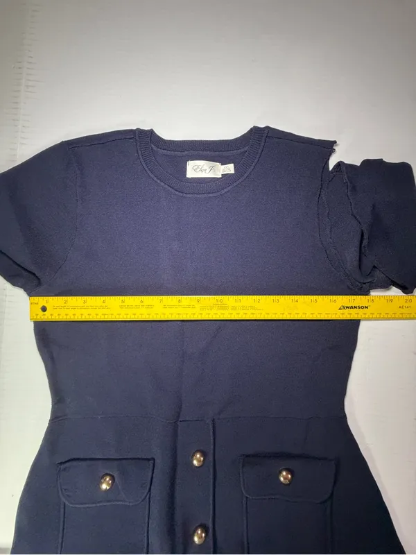 Eliza J Navy Short-Sleeve Dress with Gold Buttons arm hem needs sewn! - Image 3