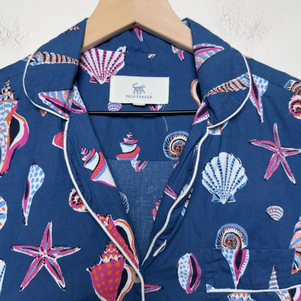 Printfresh Women Cotton Pajama Top XS Blue Seashell Starfish Button Front Pocket - Image 2