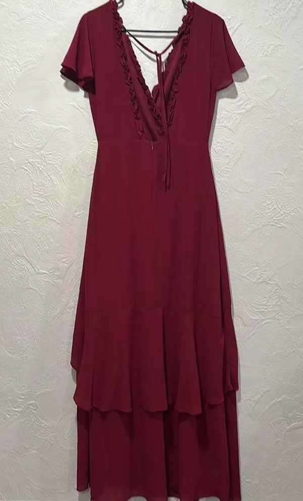 Lulu’s Pour the Champagne Burgundy Ruffled Backless Maxi dress - Image 8