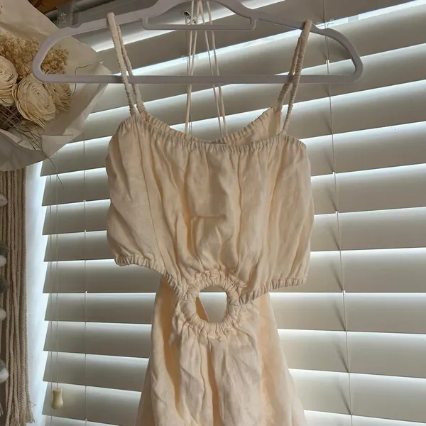 Faithfull The Brand Ivory Linen Cut Out Ring Mini Dress Euro minimalist Size L - Image 2