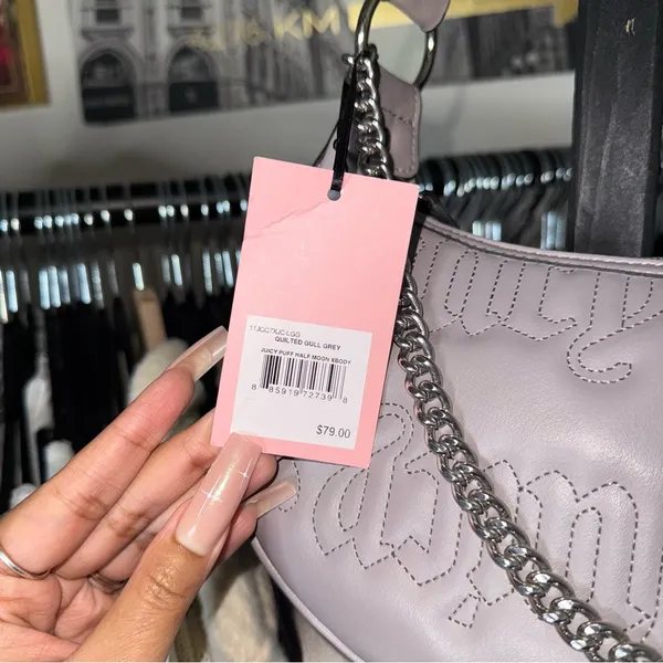 Juicy Couture Quilted Gull Grey Puff Half Moon Xbody Crossbody Faux Leather Bag - Image 5