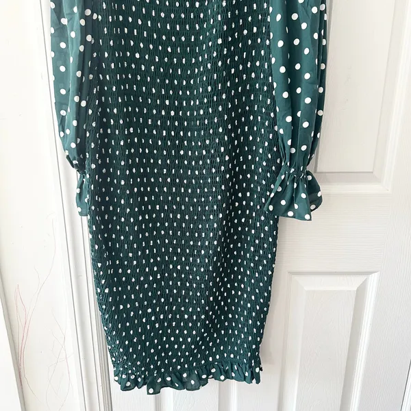 Petal & Pup Green White Polka Dot Smocked Bodycon Midi Dress Puff Sleeve US 10 - Image 9