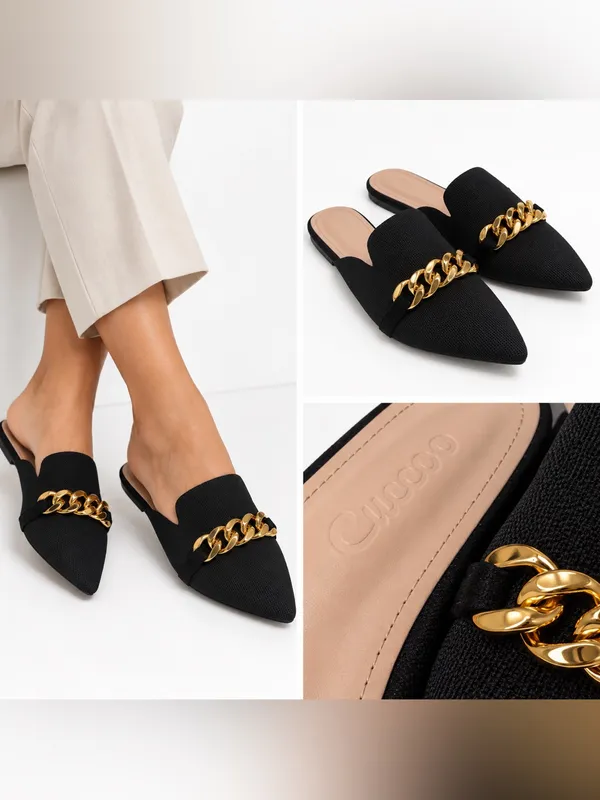 CUCCOO Black Pointed Toe Mule Flats Gold Chain EU 41 US 10-10.5 - Image 2