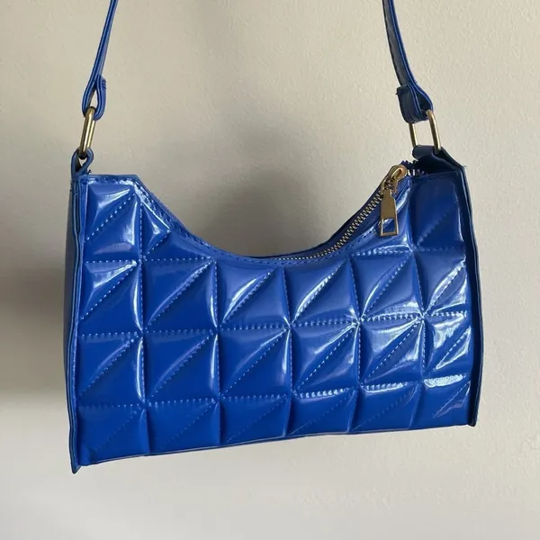 Shein Quilted Pattern Baguette Shoulder Bag Purse Blue Diamond Grid Zipper - Image 4