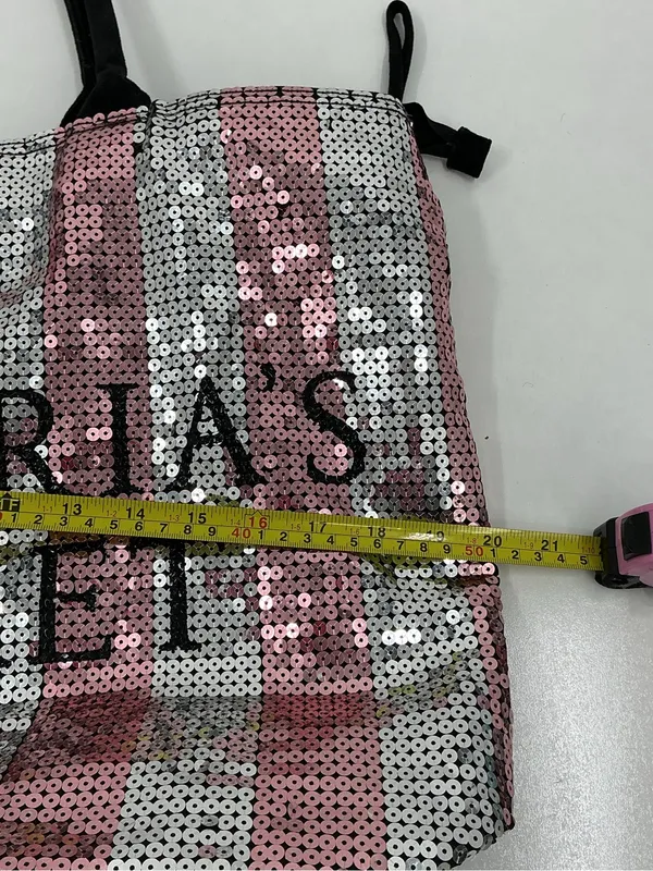 Victoria's Secret Pink and Silver Sequin Tote with Black Handles d25 - Image 4
