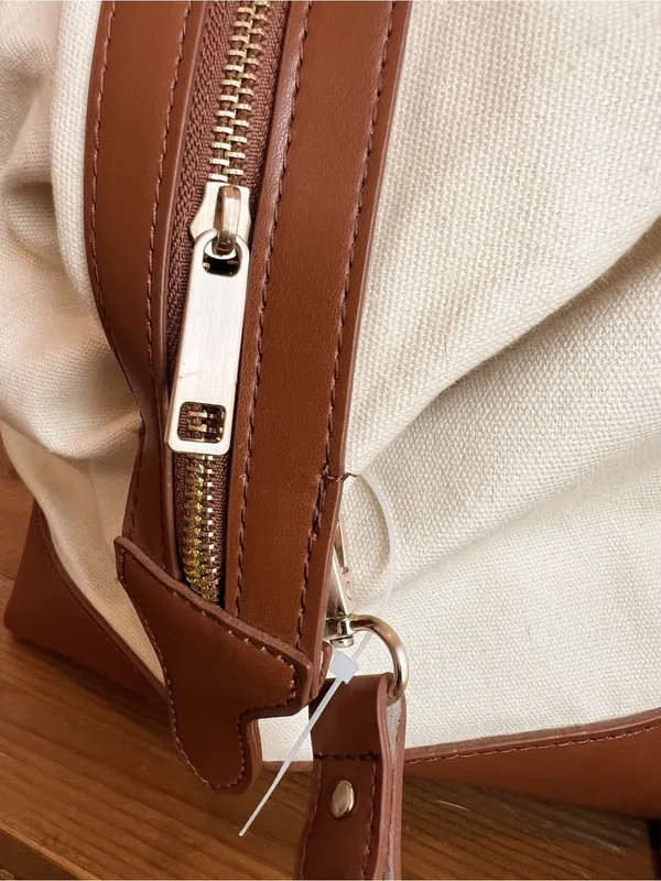 Canvas Weekender Bag with Brown Leather Trim - Image 4