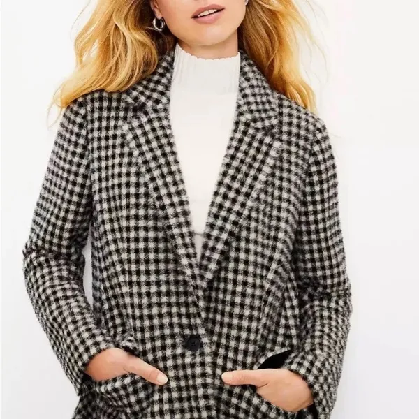 Loft Checked Coat NWT Single Button Lined Soft Cozy Pockets‎ Size XL Black/Cream - Image 2