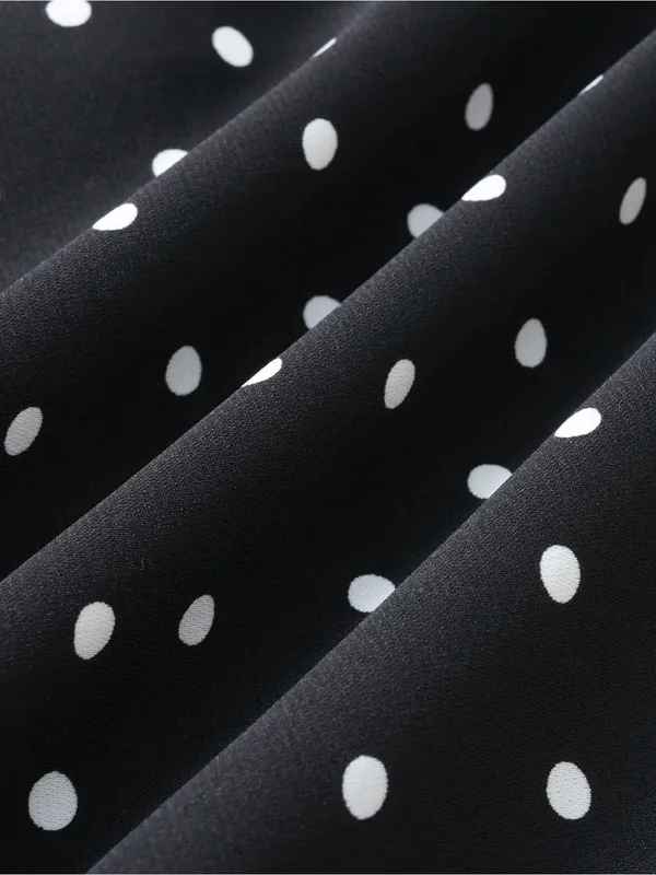 Rihoas Black Mandarin Collar Polka Dot Midi Dress - Image 8