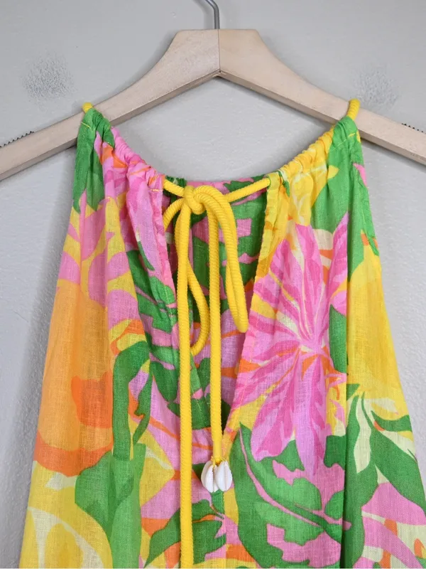 C&C California Women's S Lemon Print Green Pink Linen Blend Mini Beach Sundress - Image 4