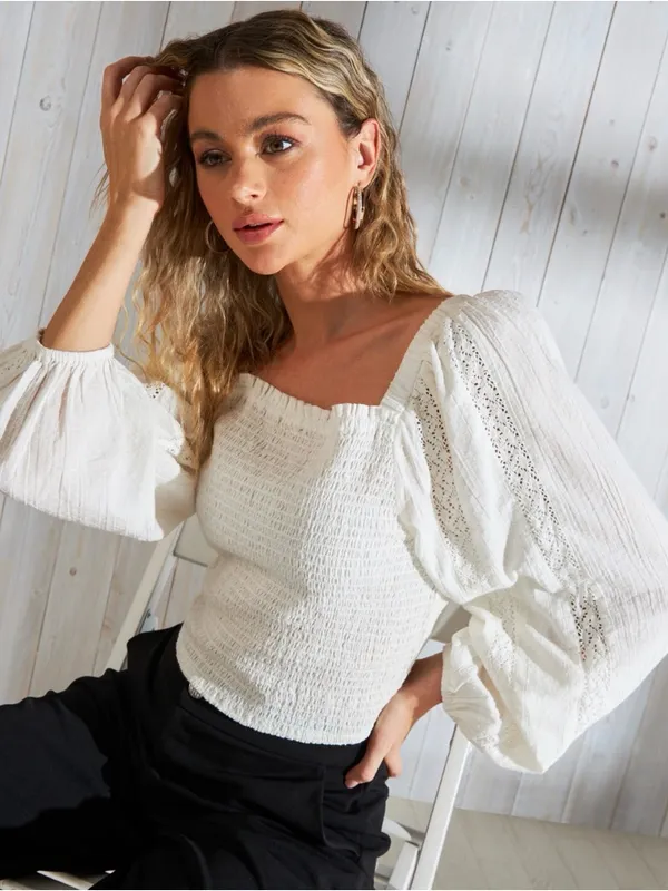 Max 100% Cotton Smocked Ivory Cream Eyelet Cottagecore Feminine Summer Top Med‎ - Image 9