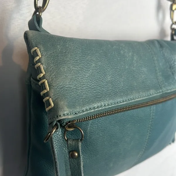 Lucky Brand Teal Leather Foldover Crossbody Hobo Bag Boho Fringe Distressed - Image 5