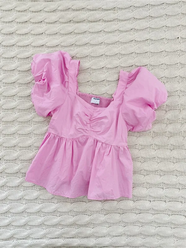 Old Navy Pink Puff Sleeve Square Neck Peplum Blouse - Image 2