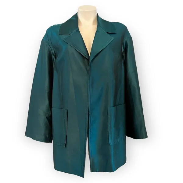 ST. JOHN COUTURE Sharkskin Silk Wool Blend Teal Open Front Jacket Blazer Size 8 - Image 4