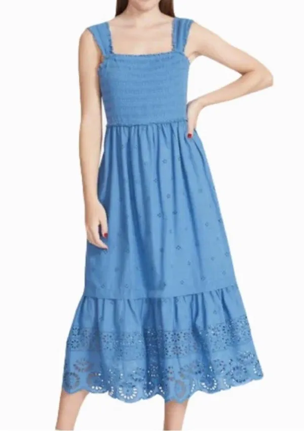 Betsey Johnson Smocked Embroidered Eyelet Midi Dress in Federal Blue, Size XL - Image 7