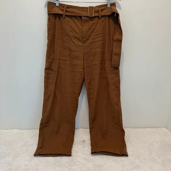 Vince Belted Linen Blend Utility Capri Pants Womens Sz L Brown Cuffed High Rise - Image 2