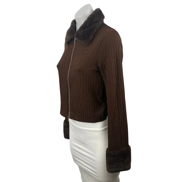 H&M Women's Brown Ribbed Knit Faux Fur Full Zip Cardigan Sweater Top Size M - Image 3
