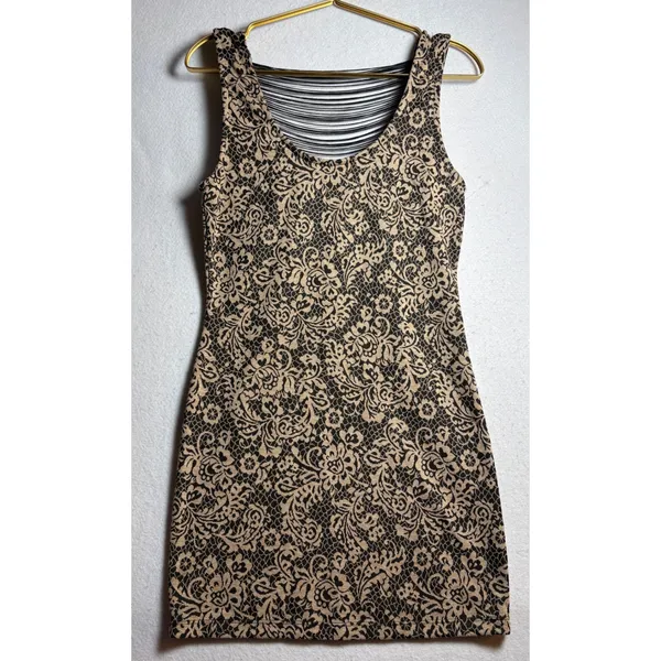 Poetry Tan Black Floral Lace Print Strappy Cage Back Bodycon Mini Dress - Image 4