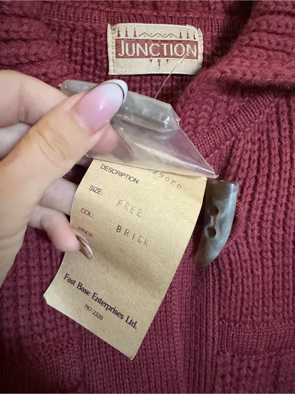 Vintage Chunky Cable-Knit Wool Toggle Sweater Jacket Brick Red NEW Cabincore - Image 3