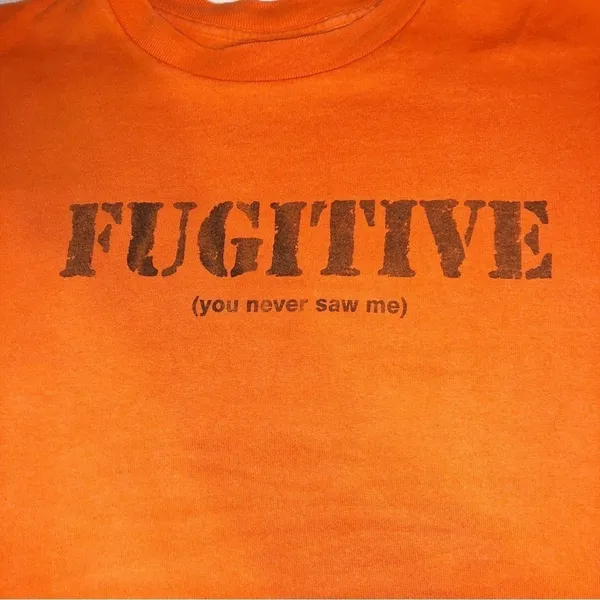 Vintage Fruit of the Loom Orange Fugitive, You Never Saw Me T-Shirt Size M - Image 7
