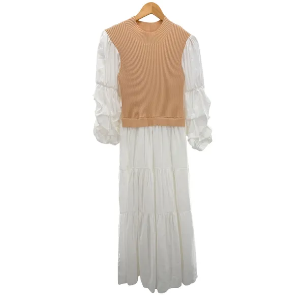 English Factory Tan‎ Ribbed Vest Puff Sleeve Tiered Maxi Dress Small Neutral - Image 3