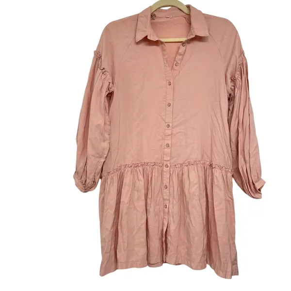 Free People Peach Button Down Long Sleeve Babydoll Mini Dress Oversized Womens S - Image 2