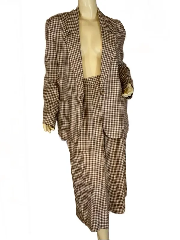 Vintage 1980'S Jh Collectibles Brown, Tan & Blue Plaid Wool Blend Skirt Set (8) - Image 4