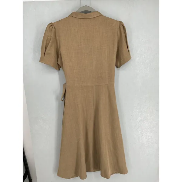 COOL nx Womens Wrap Dress Tan Brown Collared Belted Short Sleeve Medium - Image 3