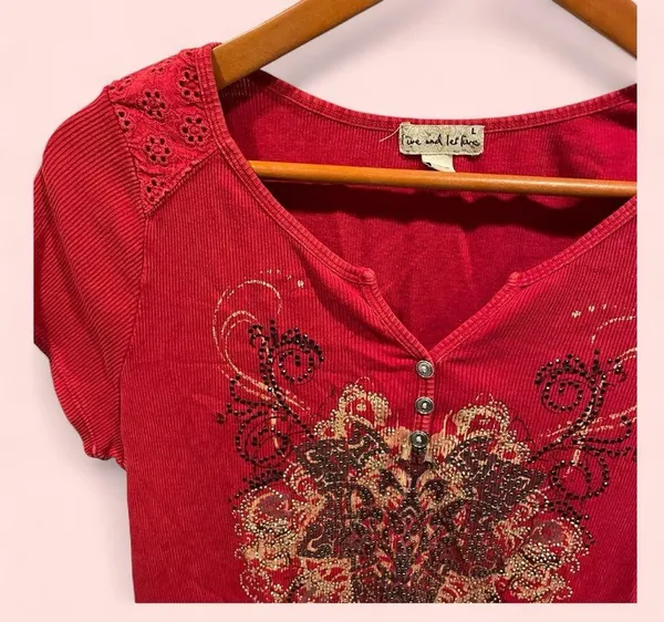 Red y2k soft baby rib bling button neck cap sleeve top Live and let live - Image 4